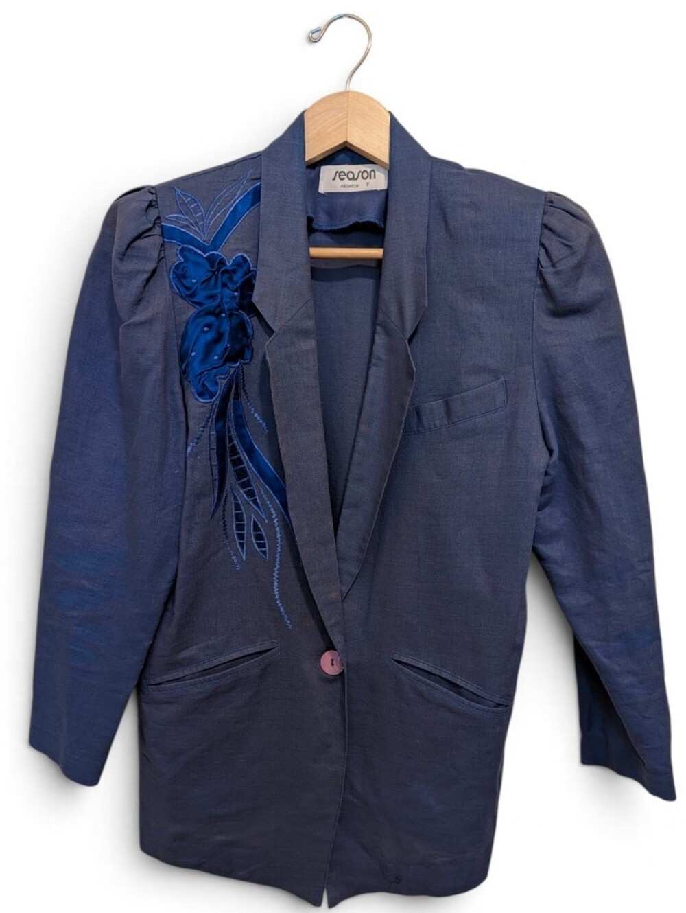 Vintage Navy Blue Embroidered Shoulder Blazer